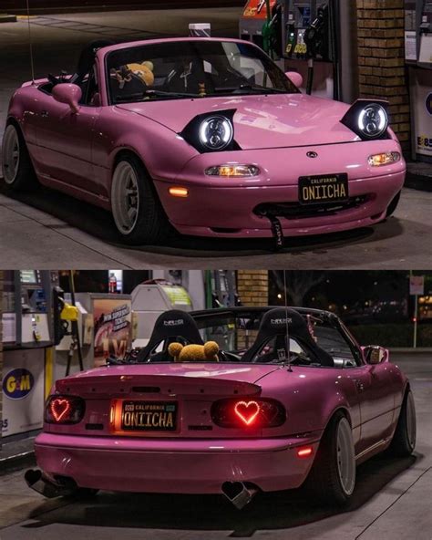 Two Pictures Of A Pink Sports Car With Hearts On The Front And Side