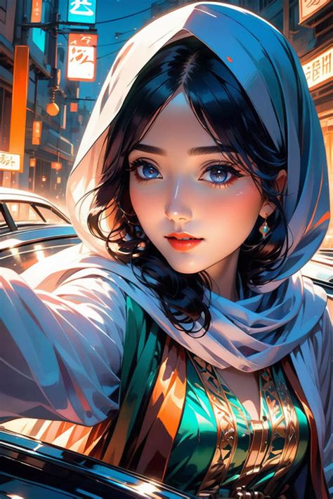Anime Style A Beautiful Palestinian Girl Wearing A Hijab An By