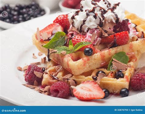 Waffle With Fresh Fruit And Cream Stock Photo Image Of Fruit Fresh