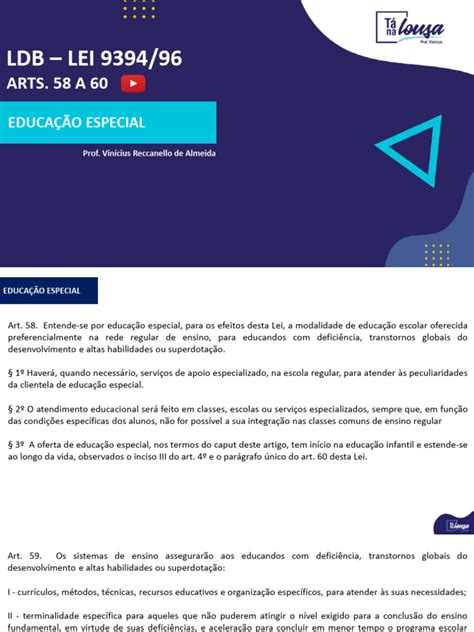Ldb E Educação Especial - LDB - Arts 58 A 60 - Educação Especial | PDF | Educação Especial ...
