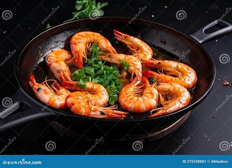 Plate Of Sizzling Tiger Shrimp Prawns In Hot Pan With Garlic And Spices