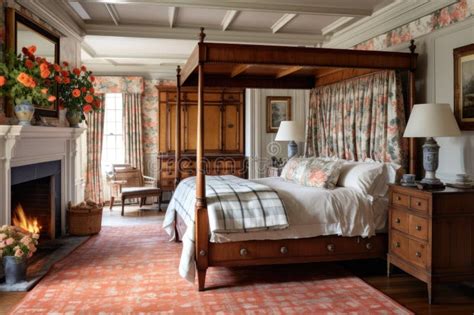 A Traditional Bedroom with a Four-poster Bed, Antique Dresser, and ...