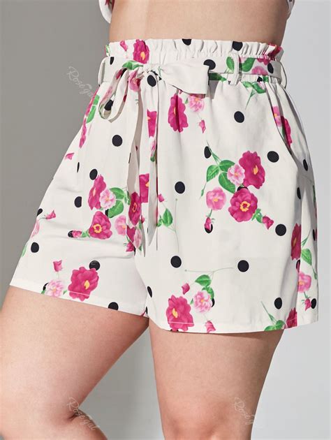 Plus Size Floral Print Belted Paperbag Shorts [35 Off] Rosegal