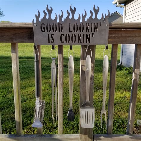 Personalized Bbq Tool Holder For Dad Metal Grill Sign Utensil Rack