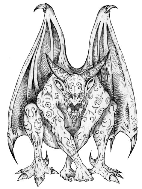 Grey Ink Curl Printed Sitting Gargoyle Tattoo Design Tattooimages Biz