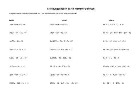 Gleichungen L Sen Durch Klammer Aufl Sen Unterrichtsmaterial Im Fach