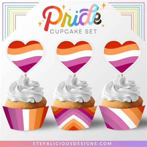 Lesbian Pride Cupcake Toppers Cupcake Wrappers Printable LGBTQ Pride Month Party Decor