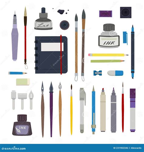 Drafting And Painting Tools Set Ink Pens And Sharpened Pencils With