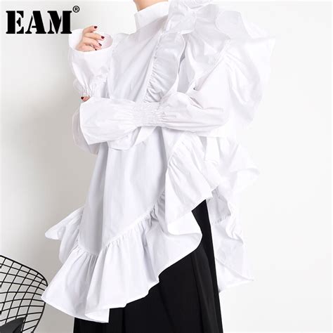 Eam Women Ruffles Irregular Blouse New Stand Collar Long Sleeve Loose