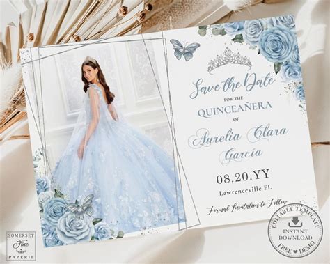 Baby Blue Floral Butterflies Quincea Era Save The Date Postcard