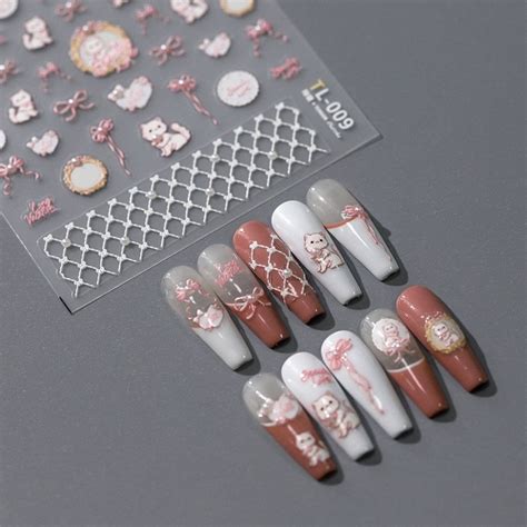 D Pink Bowknot Nail Decal Cat Nail Decals Pearl Nails Art Stickers