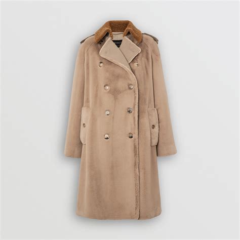 Shearling Trim Faux Fur Trench Coat In Taupe Burberry United States