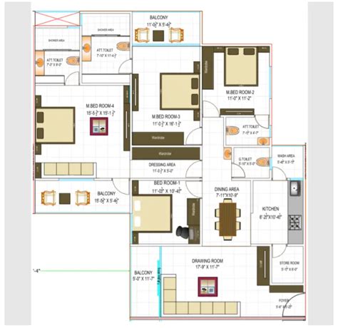 4BHK residence floor plan. - Cadbull - Medium