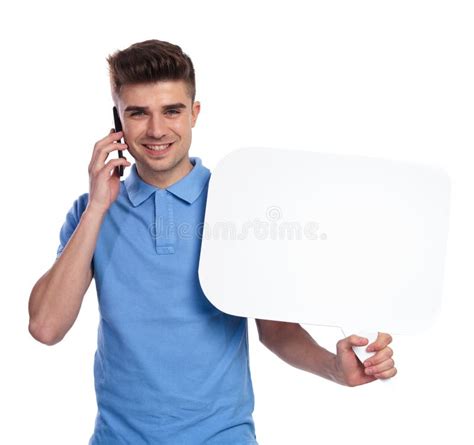 Man Talks On The Phone And Holds A Speech Bubble Stock Image Image Of