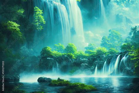 anime painting of an unexplored rainforest with a lot of waterfalls ...