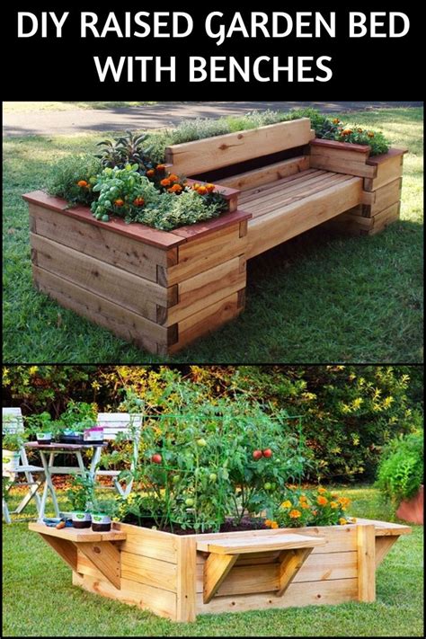 An Outdoor Garden Bed With Benches Made Out Of Wooden Pallets And