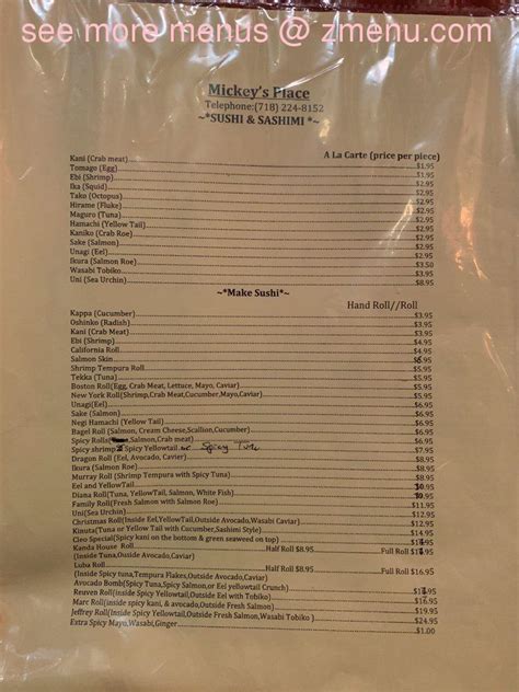 Menu At Mickey S Place Restaurant New York City