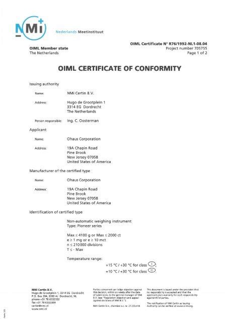 oiml   oiml certificate  conformity fubjv