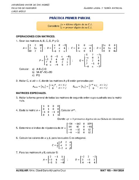 Práctica 1er Parcial MAT 103 B FACULTAD DE INGENIERÍA ÁLGEBRA