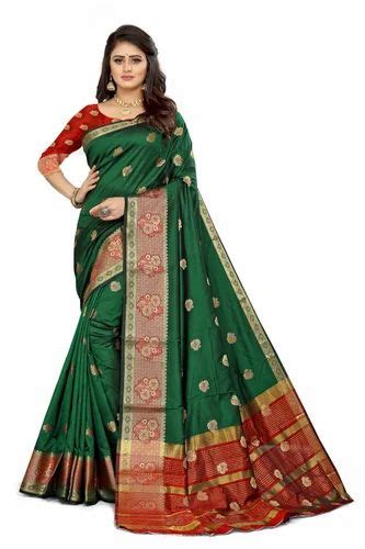 Admyrin Dark Green Soft Maithili Silk Woven Saree With Blouse Piece At