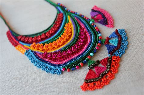 Beaded Freeform Crochet Necklace Statement Necklace With Orange Red Magenta Pink Teal Blue