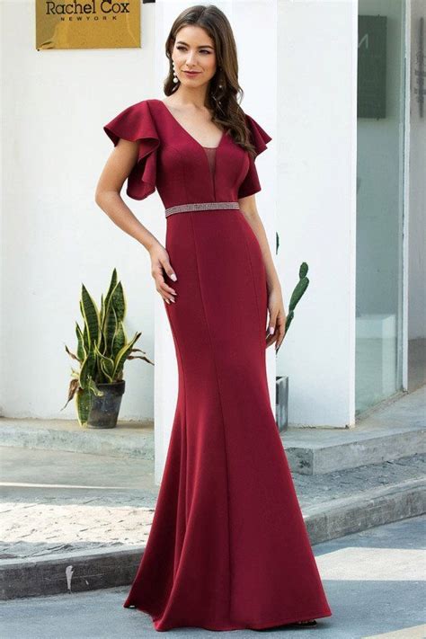 Elegant Burgundy Mermaid Evening Dress With Flutter Sleeves 61 48