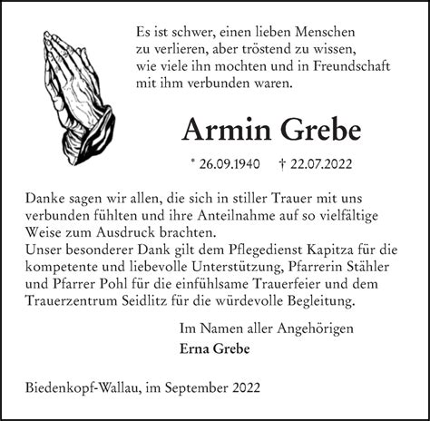 Traueranzeigen Von Armin Grebe Vrm Trauer De