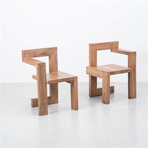 Pair Gerrit Rietveld wooden Steltman chairs Béton Brut