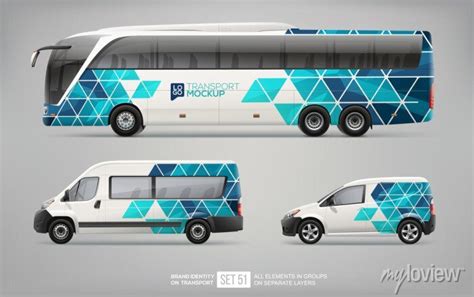 Realistic Vector Coach Bus Passenger Van And Service Car Mockup