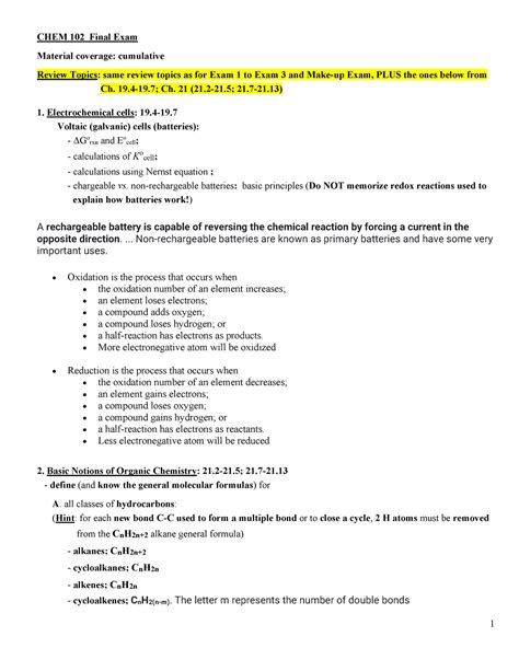 Final Exam Final Topics CHEM 102 CHEM 102 Final Exam Material