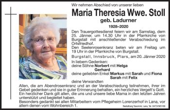 Traueranzeigen Von Maria Theresia Stoll Trauer Bz