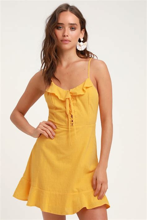 Cute Yellow Dress Lace Up Dress Lace Up Mini Dress Lulus