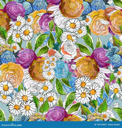 Seamless Pattern With Colorful Flowers Stock Illustration