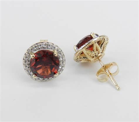 Garnet And Diamond Stud Earrings Halo Studs 14K Yellow Gold January