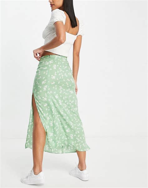 Asos Design Midi Slip Skirt With Thigh Split In Sage Green Ditsy Floral