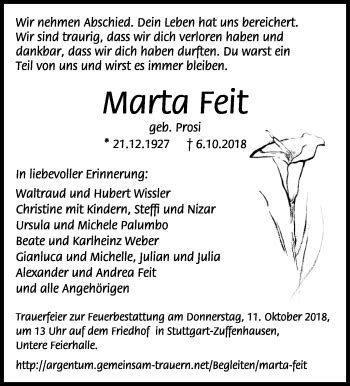 Traueranzeigen Von Marta Feit Stuttgart Gedenkt De