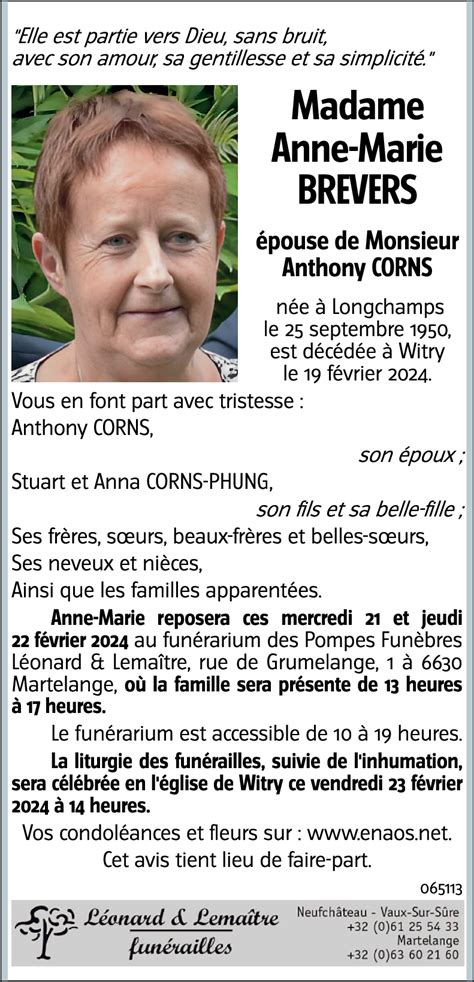 Avis De Décès De Anne Marie Brevers Décédé Le 19022024 à Witry