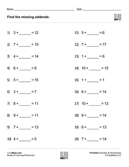 Find The Missing Addends Worksheet Set 1 Childrens Educational