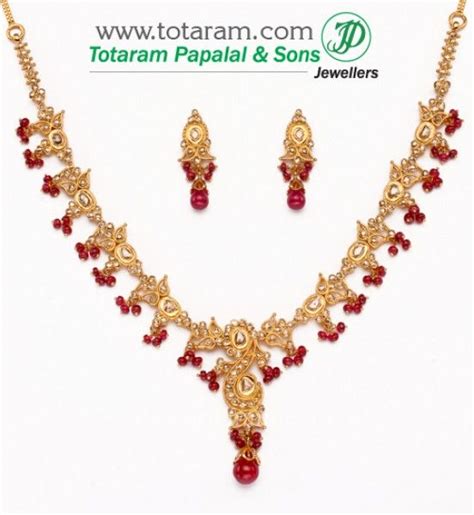 22K Gold Uncut Diamond Necklace Drop Earrings Set With Beads 235