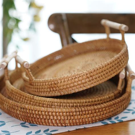 Plate Fruit Cake Platter Dinner Serving Tray Handwoven Rattan Storage