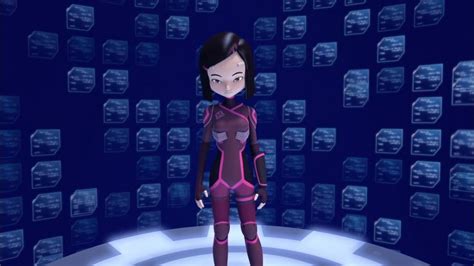 An Animated Woman Standing In Front Of A Wall Of Cubes With Blue Lights