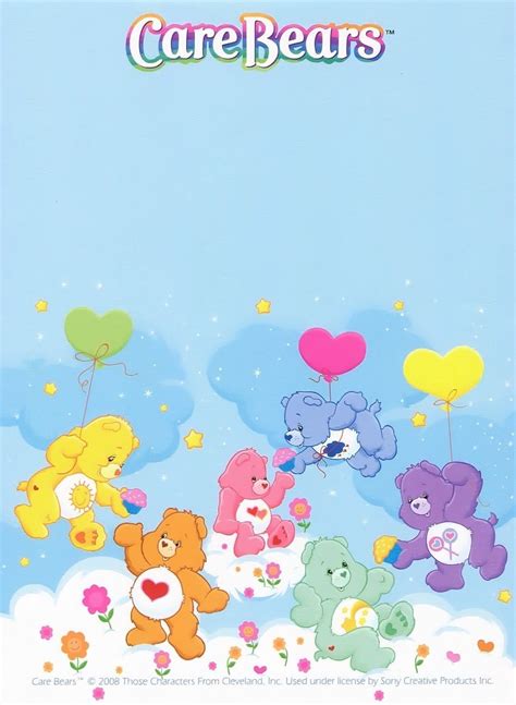 care bears are flying in the sky with balloons