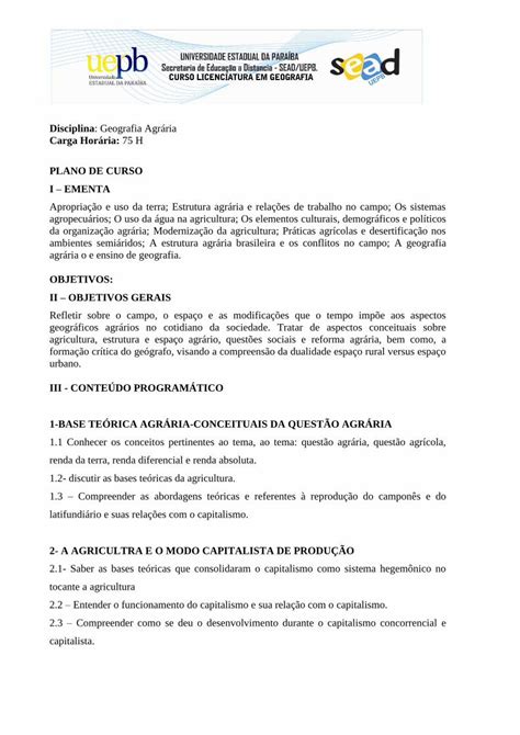 PDF PLANO DE CURSO I OBJETIVOS II OBJETIVOS GERAIS 1 Disciplina