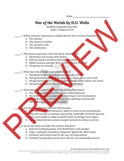 War Of The Worlds Book 2 Chapters 6 10 Quiz And Answer Key Teaching Resources