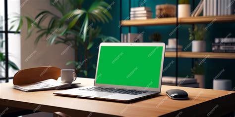 Premium Photo | Workstation setup laptop on desk horizontal view layout mockup with green screen ...