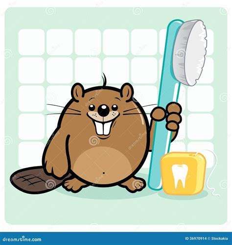 Cartoon Beaver Holding A Toothbrush And A Dental Floss Vector