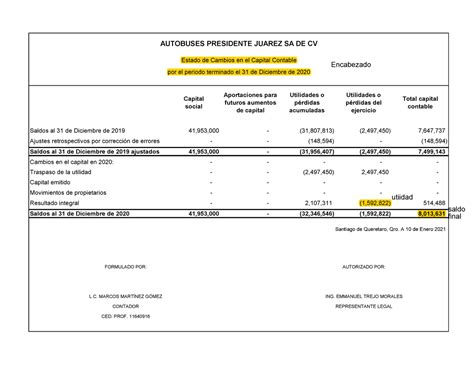 Estado De Cambios En El Capital Contable Capital Social Aportaciones