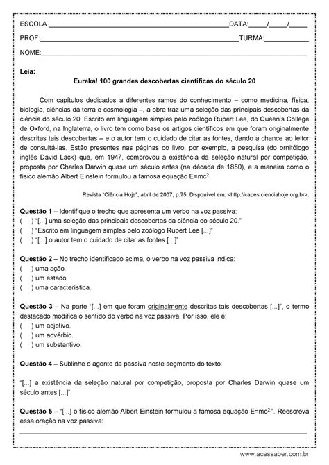 Atividade Sobre Vozes Verbais Para 8 Ano Educa