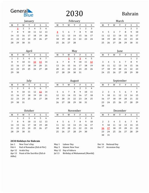 Yearly Calendar For Bahrain With Holidays