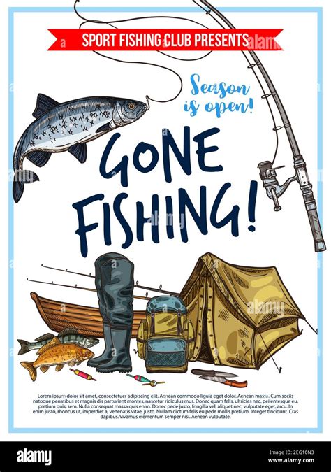 Gone Fishing Poster With Fish Fisherman Equipment And Tackle Sketch